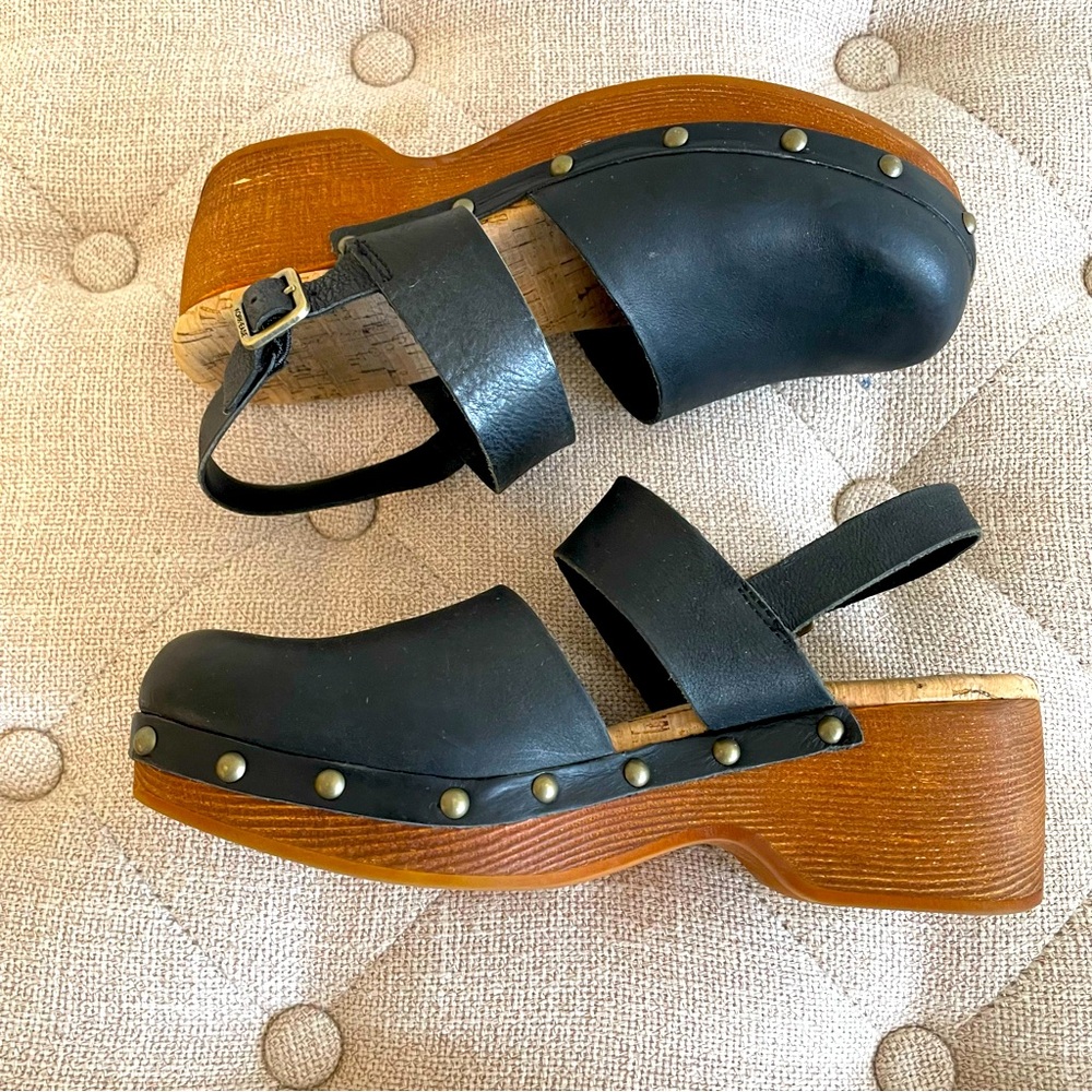 Kork-Ease Black Leather Platform Clogs with Brass Studs - Picture 10 of 13